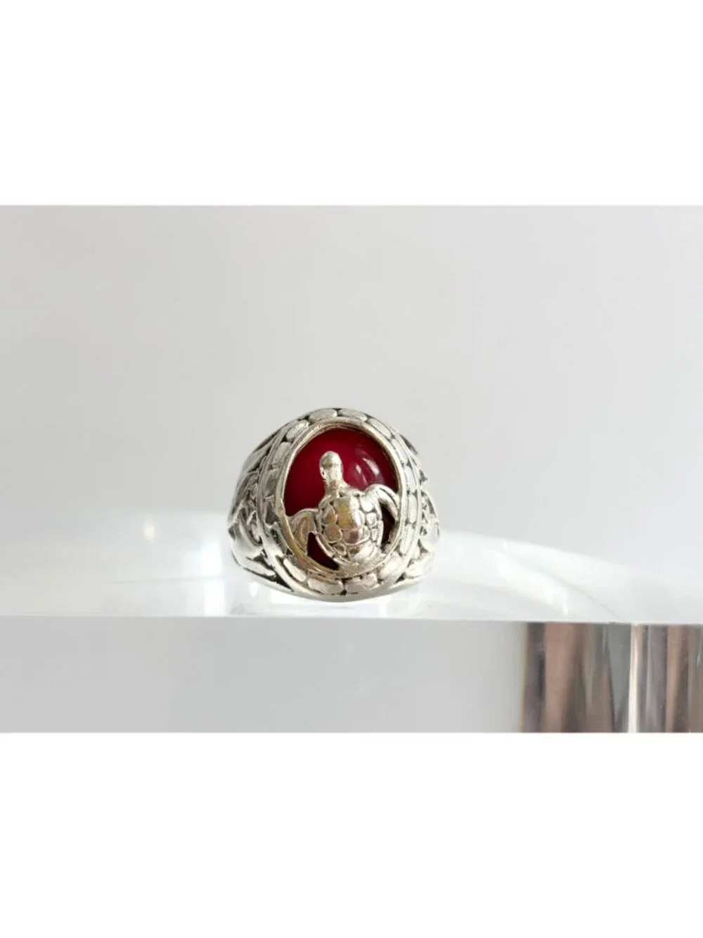 Carnelian Stone Turtle Figural Oval Sterling Silver 925 Vintage Ring - sz 6